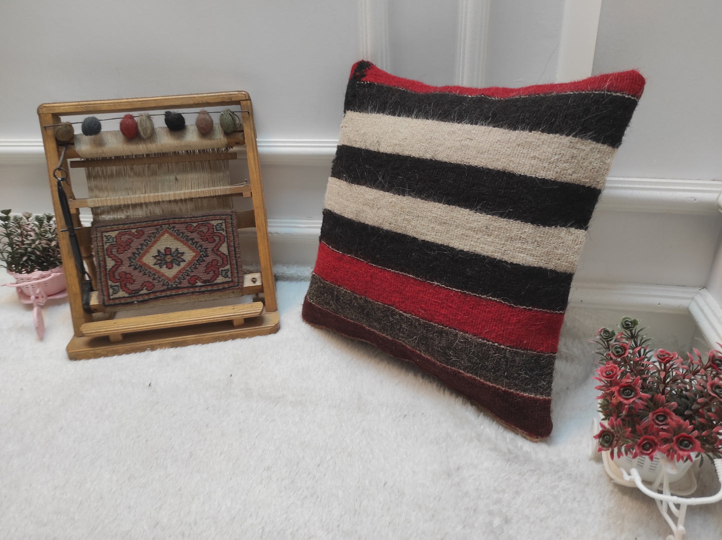 Handmade Kilim Pillow Cover: Upcycled Woven Rug, Striped 16x16