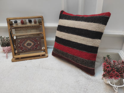 Handmade Kilim Pillow Cover: Upcycled Woven Rug, Striped 16x16