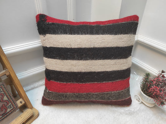 Handmade Kilim Pillow Cover: Upcycled Woven Rug, Striped 16x16
