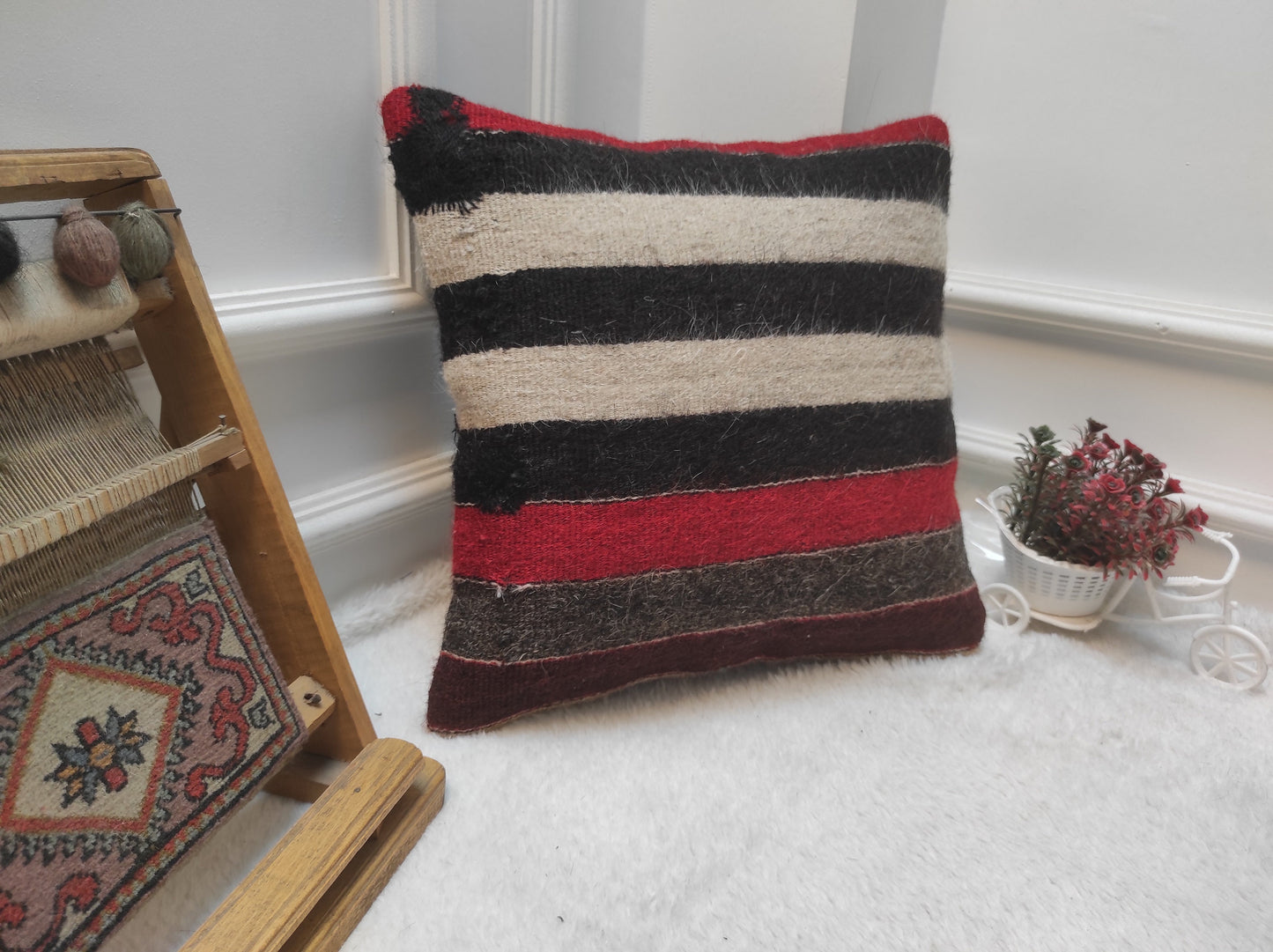 Handmade Kilim Pillow Cover: Upcycled Woven Rug, Striped 16x16