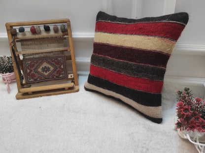 Handmade Striped Kilim Pillow Cover: Upcycled Woven Wool, 16x16