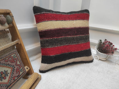 Handmade Striped Kilim Pillow Cover: Upcycled Woven Wool, 16x16