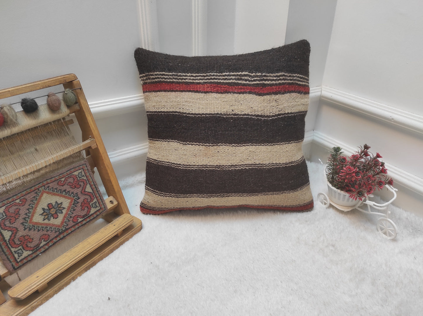 Handmade Kilim Pillow Cover: Upcycled Woven Rug, Black Striped Pillow (16x16 in)