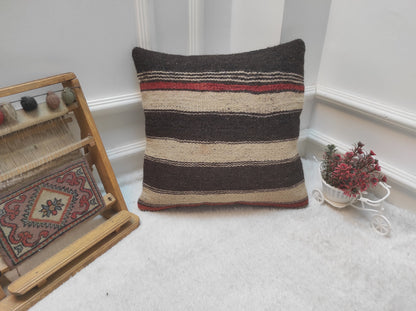 Handmade Kilim Pillow Cover: Upcycled Woven Rug, Black Striped Pillow (16x16 in)