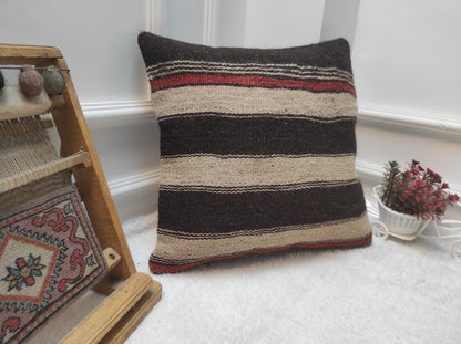 Handmade Kilim Pillow Cover: Upcycled Woven Rug, Black Striped Pillow (16x16 in)