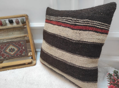 Handmade Kilim Pillow Cover: Upcycled Woven Rug, Black Striped Pillow (16x16 in)