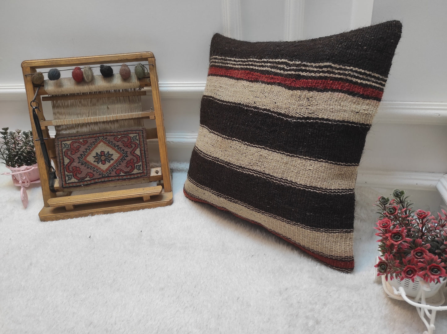 Handmade Kilim Pillow Cover: Upcycled Woven Rug, Black Striped Pillow (16x16 in)