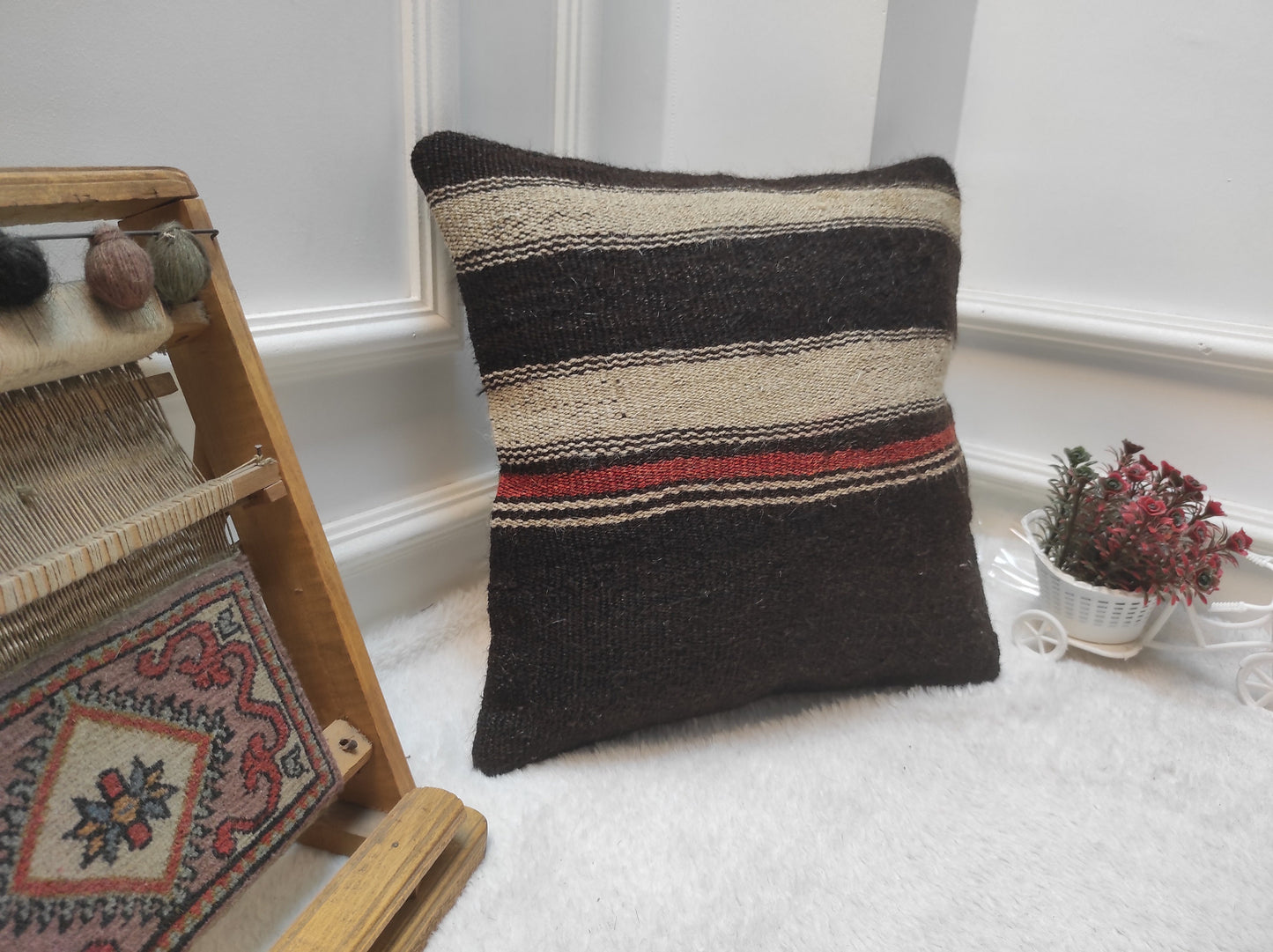 Handmade Kilim Pillow Cover: Upcycled Woven Rug, 16x16