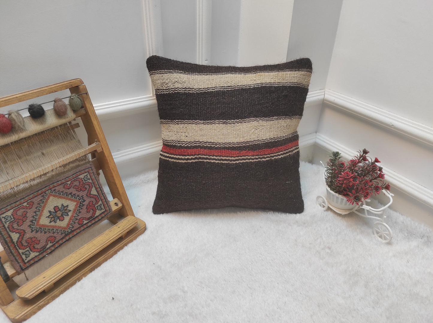 Handmade Kilim Pillow Cover: Upcycled Woven Rug, 16x16