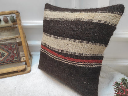 Handmade Kilim Pillow Cover: Upcycled Woven Rug, 16x16