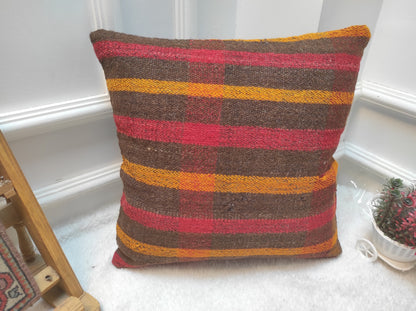 Handwoven Kilim Pillow Cover: Upcycled Rustic Tribal Pillow (16x16 Inc)