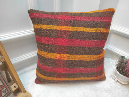 Handwoven Kilim Pillow Cover: Upcycled Rustic Tribal Pillow (16x16 Inc)