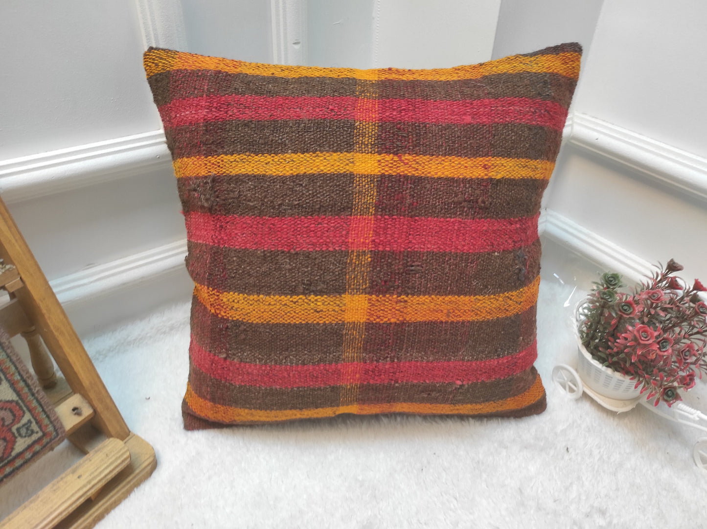 Handwoven Kilim Pillow Cover: Upcycled Bohemian Rug, 16x16 inc