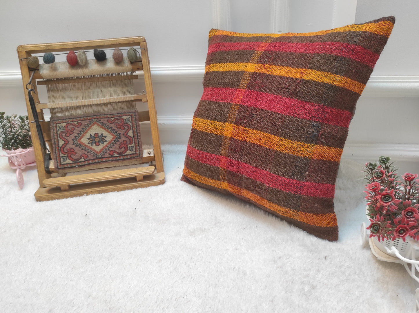 Handwoven Kilim Pillow Cover: Upcycled Bohemian Rug, 16x16 inc