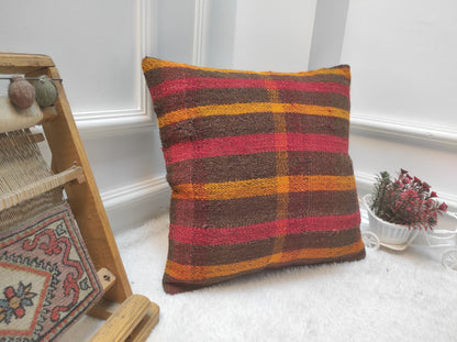 Handwoven Kilim Pillow Cover: Upcycled Bohemian Rug, 16x16 inc