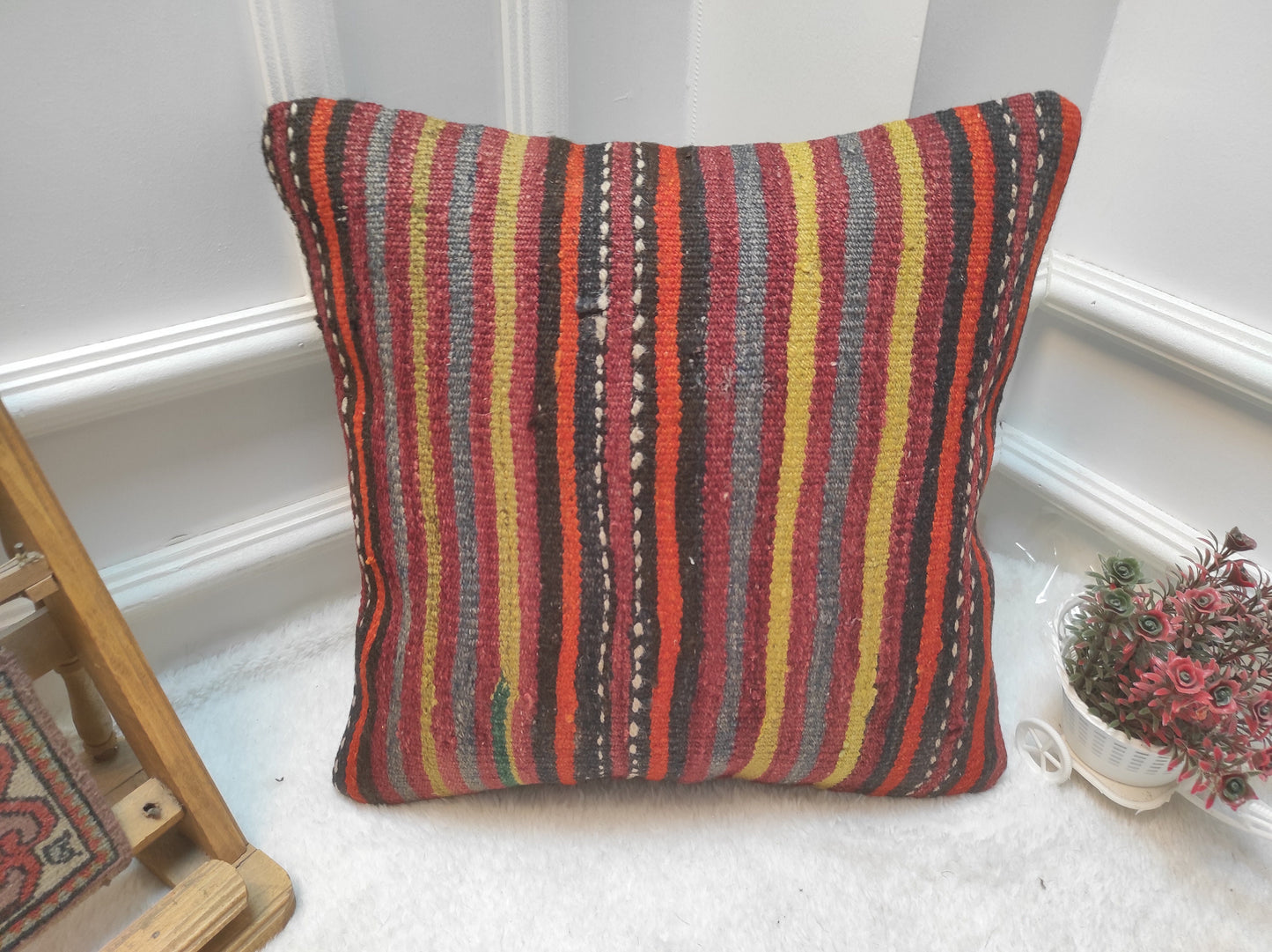 Handmade Kilim Pillow Cover: Upcycled Woven Rug, Bohemian Decor (16x16)