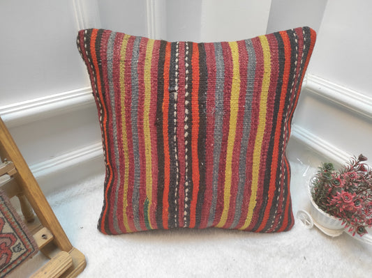 Handmade Kilim Pillow Cover: Upcycled Woven Rug, Bohemian Decor (16x16)