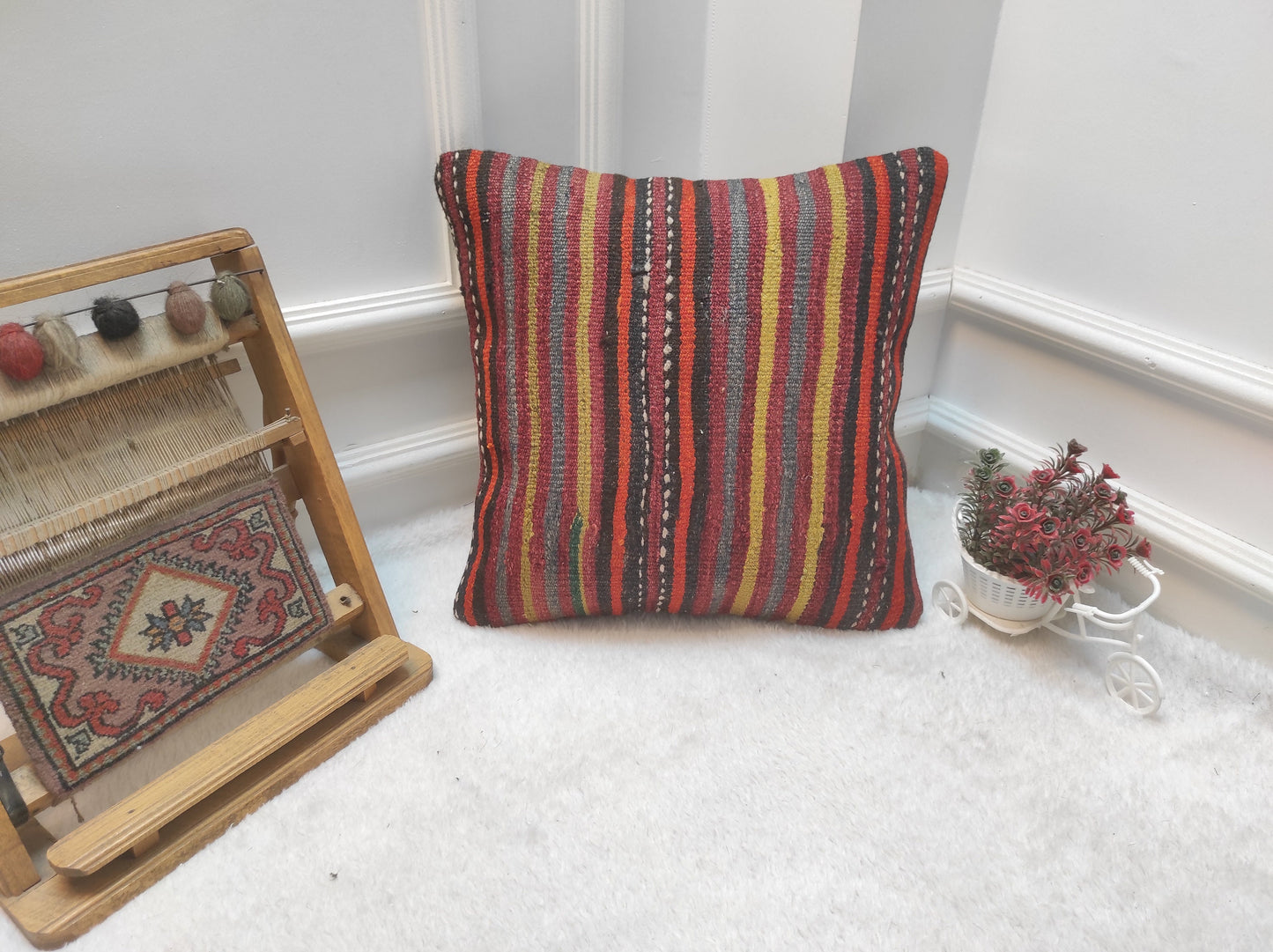 Handmade Kilim Pillow Cover: Upcycled Woven Rug, Bohemian Decor (16x16)