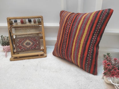 Handmade Kilim Pillow Cover: Upcycled Woven Rug, Bohemian Decor (16x16)