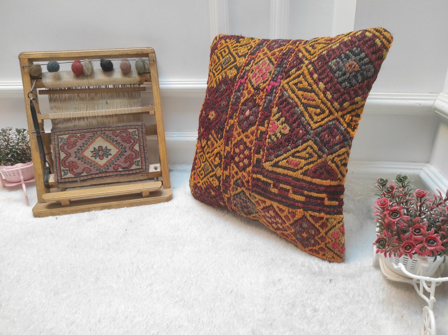Handmade Kilim Pillow Cover: Upcycled Woven Rug, Red Ethnic Design (16x16 Inc)