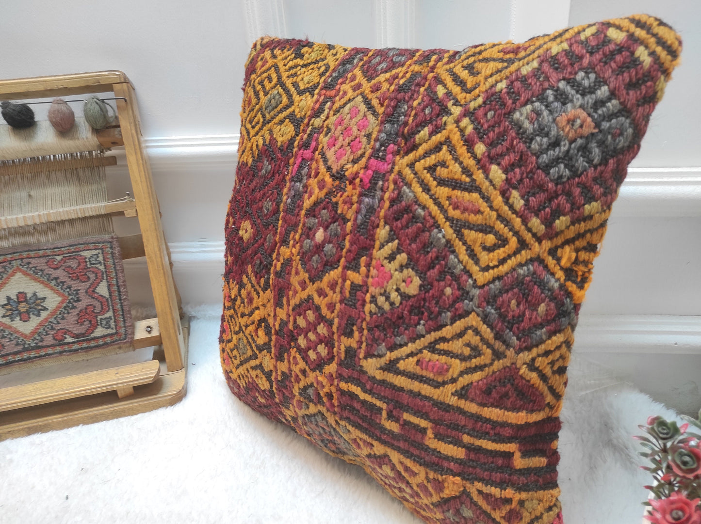 Handmade Kilim Pillow Cover: Upcycled Woven Rug, Red Ethnic Design (16x16 Inc)