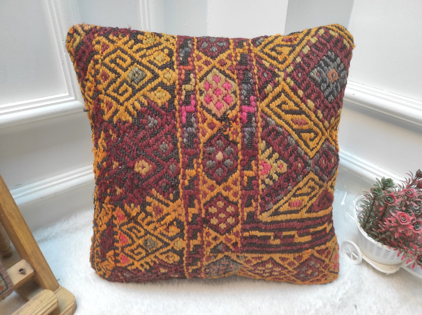 Handmade Kilim Pillow Cover: Upcycled Woven Rug, Red Ethnic Design (16x16 Inc)