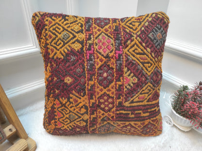 Handmade Kilim Pillow Cover: Upcycled Woven Rug, Red Ethnic Design (16x16 Inc)