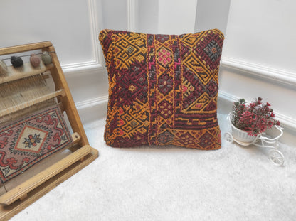 Handmade Kilim Pillow Cover: Upcycled Woven Rug, Red Ethnic Design (16x16 Inc)
