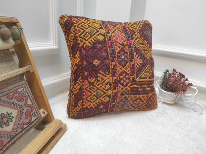 Handmade Kilim Pillow Cover: Upcycled Woven Rug, Red Ethnic Design (16x16 Inc)