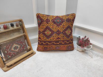 Handmade Kilim Pillow Cover: Upcycled Woven Rug, Geometric Design (16x16)