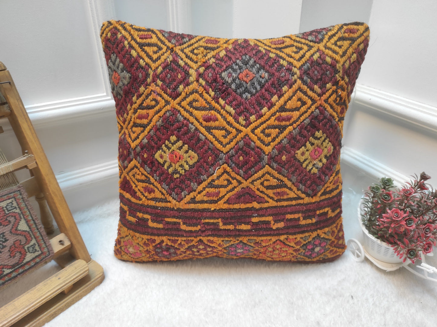 Handmade Kilim Pillow Cover: Upcycled Woven Rug, Geometric Design (16x16)