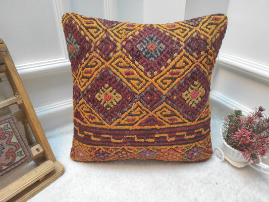 Handmade Kilim Pillow Cover: Upcycled Woven Rug, Geometric Design (16x16)