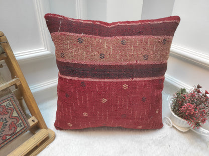 Handmade Kilim Pillow Cover: Upcycled Organic Wool, 16x16