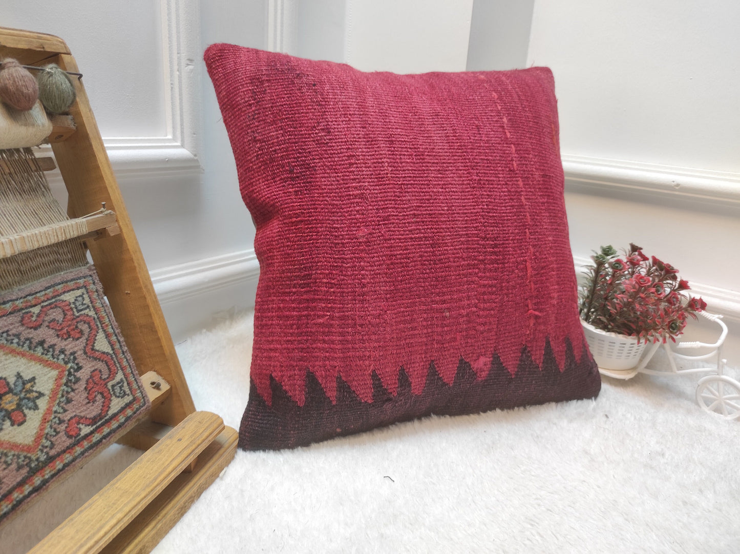 Red Kilim Pillow Cover: Handwoven Anatolian Wool, 16x16