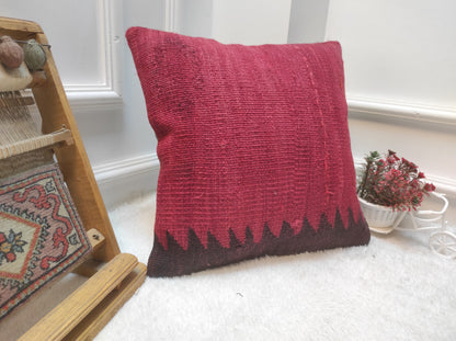 Red Kilim Pillow Cover: Handwoven Anatolian Wool, 16x16
