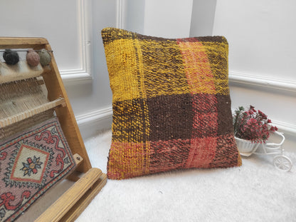 Handmade Kilim Pillow Cover: Upcycled Organic Wool, 16x16 inch