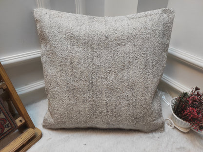 Handmade White Kilim Pillow Cover: Upcycled Wool, Bohemian Decor (18x18 in)