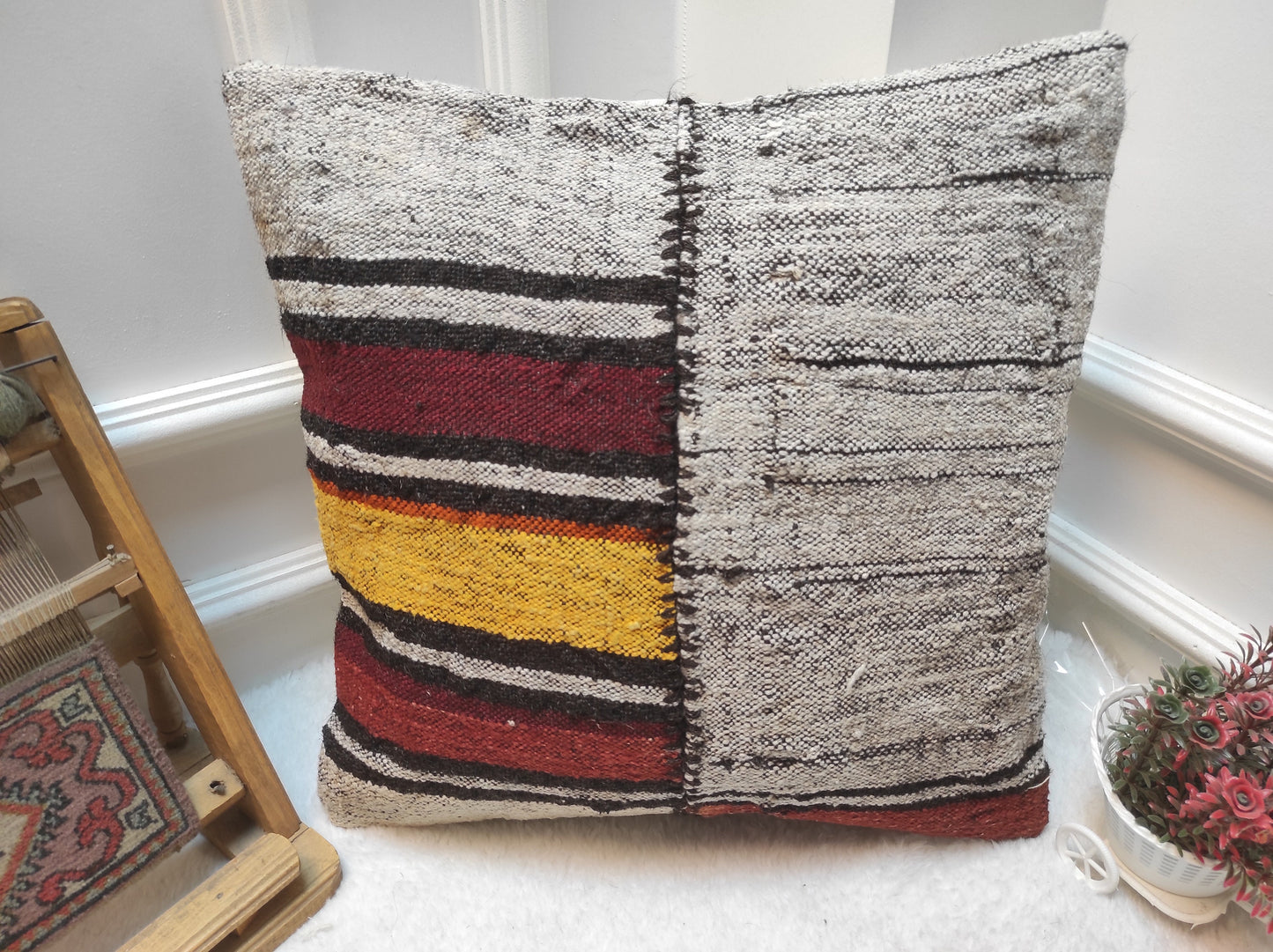 Handwoven Kilim Pillow Cover: Upcycled Ethnic Rug, 18x18 in