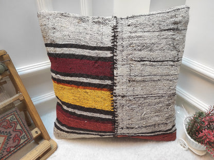 Handwoven Kilim Pillow Cover: Upcycled Ethnic Rug, 18x18 in
