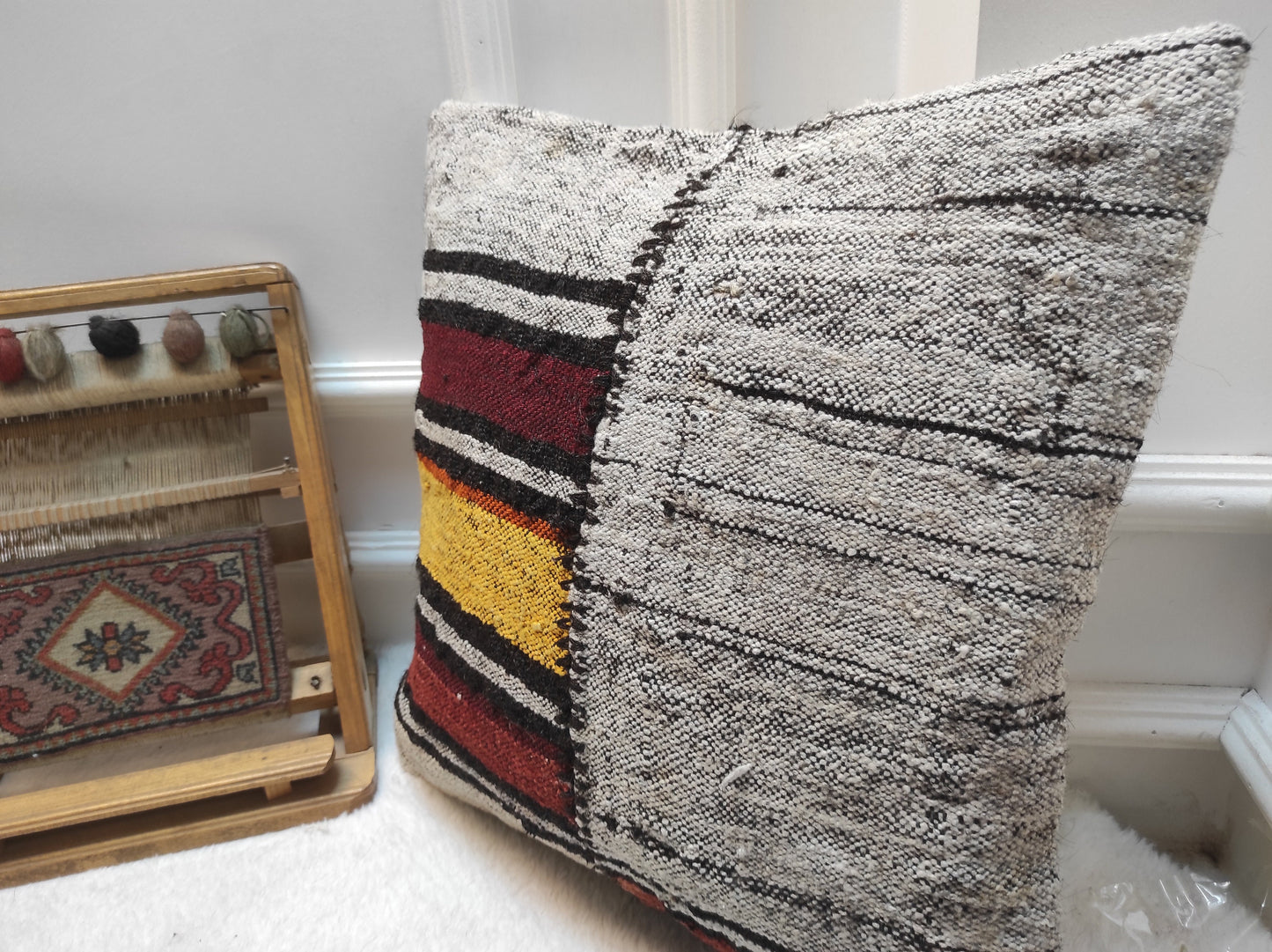 Handwoven Kilim Pillow Cover: Upcycled Ethnic Rug, 18x18 in
