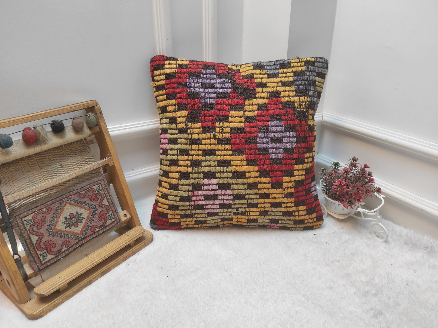 Handmade Kilim Pillow Cover: Upcycled Woven Rug, Ethnic Decor (18x18 inch)