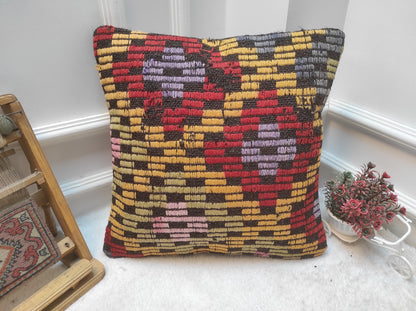 Handmade Kilim Pillow Cover: Upcycled Woven Rug, Ethnic Decor (18x18 inch)