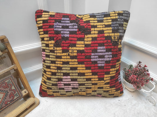 Handmade Kilim Pillow Cover: Upcycled Woven Rug, Ethnic Decor (18x18 inch)