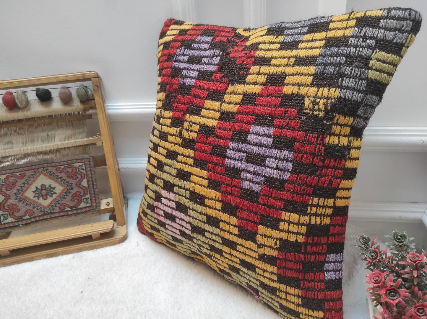 Handmade Kilim Pillow Cover: Upcycled Woven Rug, Ethnic Decor (18x18 inch)