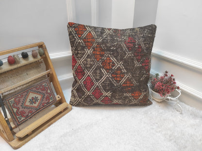 Handmade Kilim Pillow Cover: Geometric Woven Wool, 18x18 inch