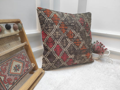 Handmade Kilim Pillow Cover: Geometric Woven Wool, 18x18 inch
