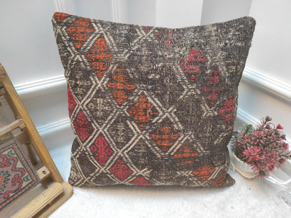 Handmade Kilim Pillow Cover: Geometric Woven Wool, 18x18 inch