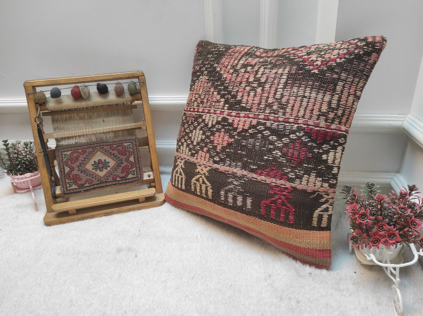 Handmade Kilim Pillow Cover: Upcycled Woven Rug, Ethnic Decor (18x18 inc)