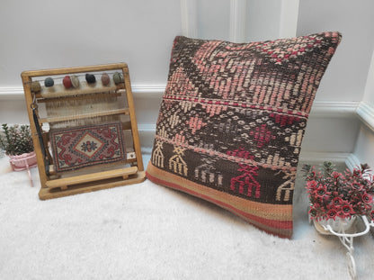 Handmade Kilim Pillow Cover: Upcycled Woven Rug, Ethnic Decor (18x18 inc)