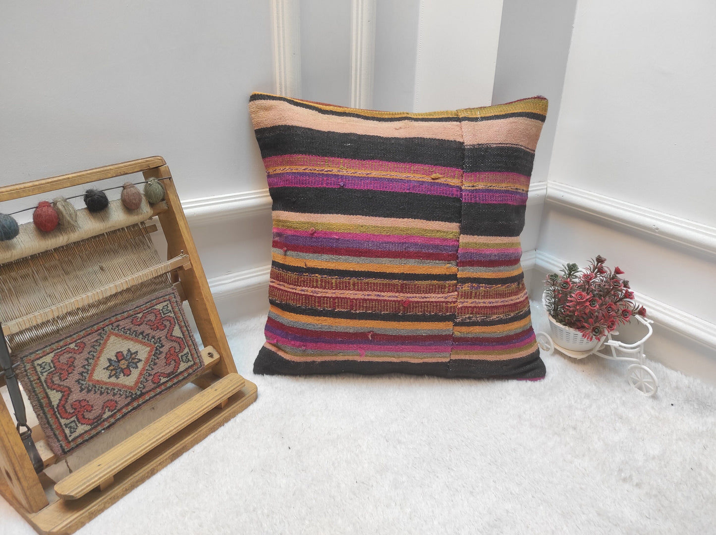 Handmade Kilim Pillow Cover: Upcycled Woven Rug, Bohemian Decor (18x18 in)